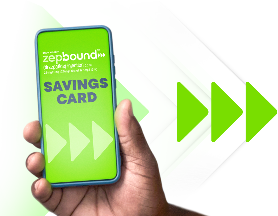 Hand holding a phone. The phone displays Zebound savings card.